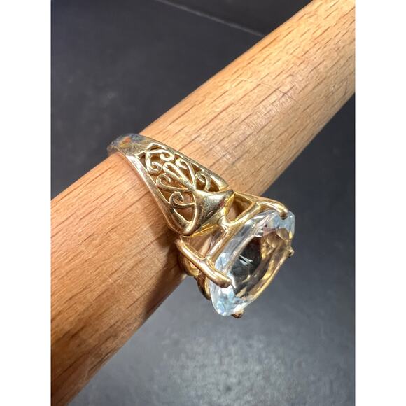 Vintage 14K Gold Aquamarine Solitaire Ring Filigree Statement Size 7 - Picture 5 of 16